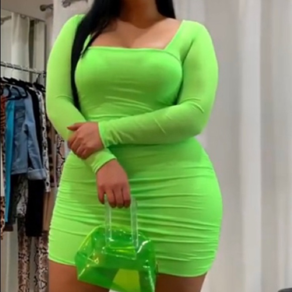 Neon Lime Mesh Square Neck Ruched Bodycon Dress